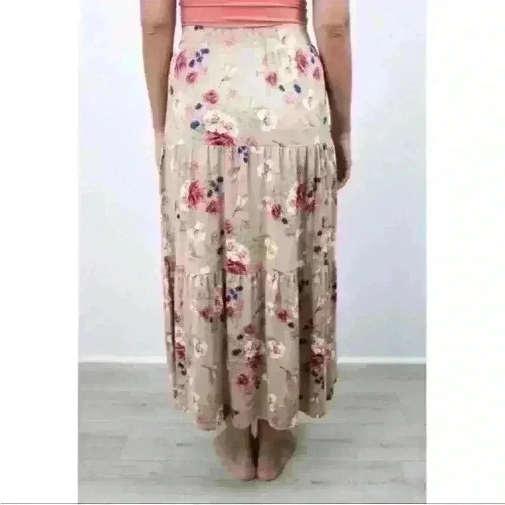 Ninexis Floral Tiered Tan Midi Skirt - Picture 3 of 4